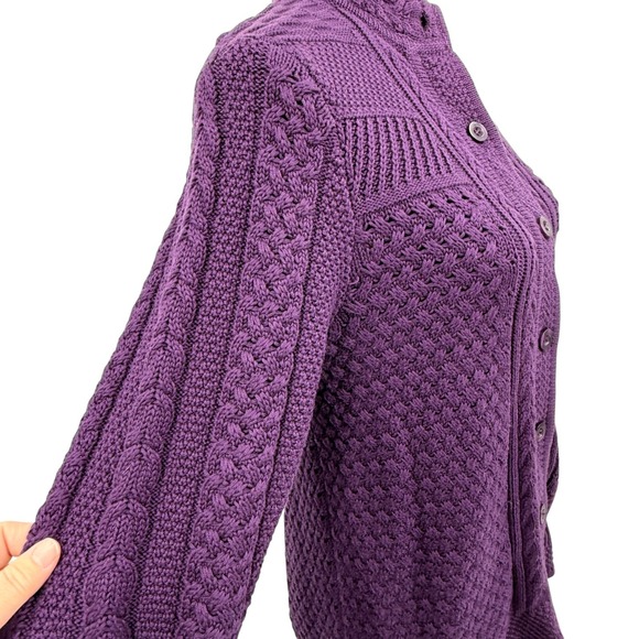 L.L. Bean Women's Sweater Cable Knit Purple Button Front Collarless Cotton Med - Picture 6 of 12